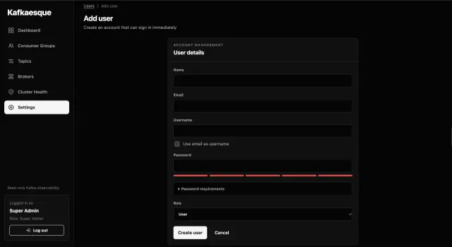 Kafkaesque add-user form with identity, password, and role fields