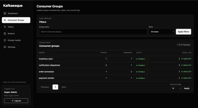Kafkaesque consumer groups list with search, state filtering, and lag status