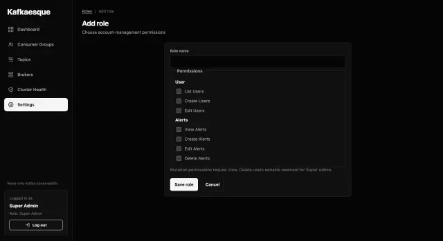 Kafkaesque create-role form with account, role, and alert permissions