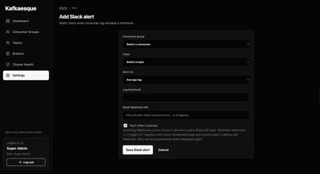 Kafkaesque form for creating a Slack consumer-lag alert