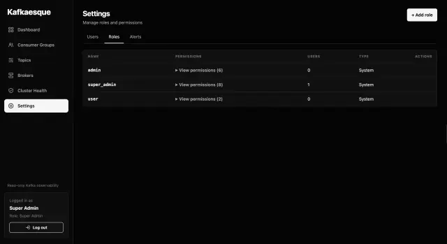 Kafkaesque role settings showing system roles, permissions, and assigned users