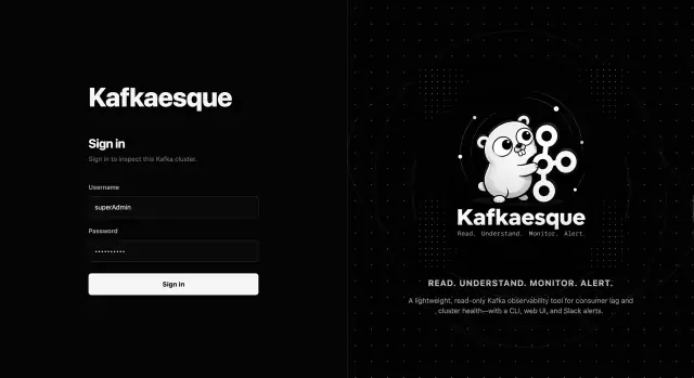 Kafkaesque sign-in page with account credentials and product branding