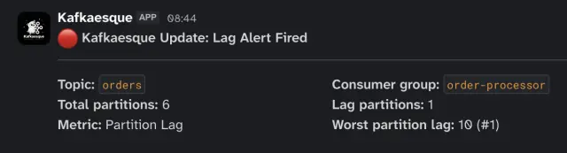 Slack notification showing a fired Kafkaesque consumer-lag alert