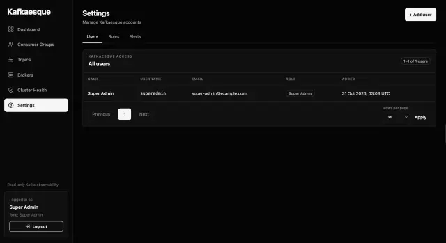 Kafkaesque user settings showing account details, assigned roles, and pagination