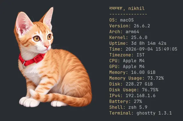 Purrpeek system report in Ghostty with Snow artwork